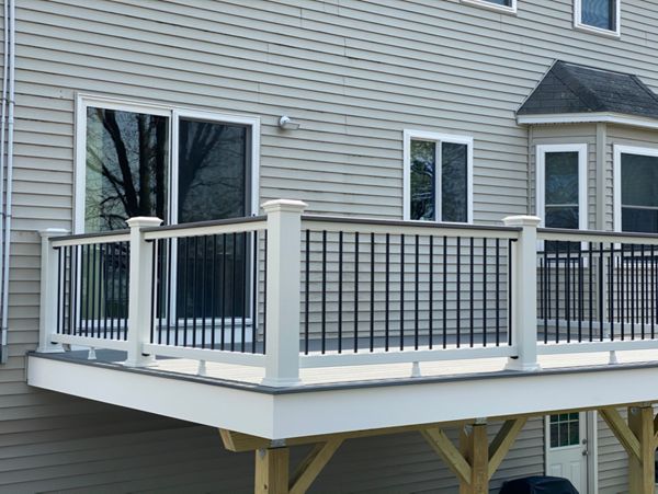 Great Second Story 12x20 Deck Space, Trex Transcend Island Mist Decking with Trex Select Railings and Cocktail Rails, in Peabody, MA