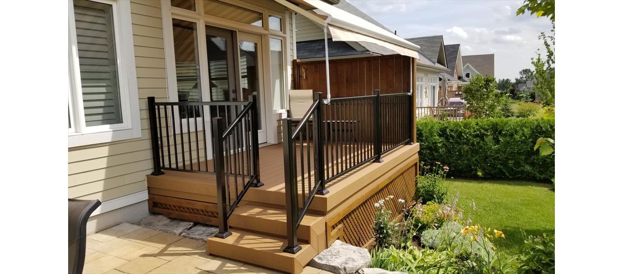 Brown composite decking using Enhance Beachdune resurface with aluminum railing - Orangeville, Caledon, Alliston, Bolton