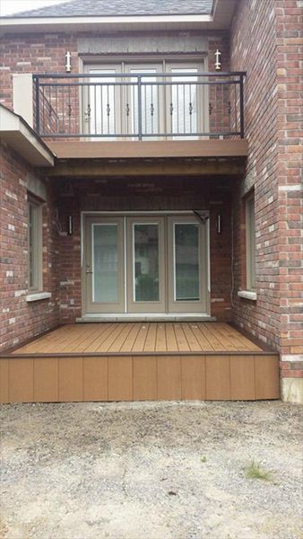 Double Decker Deck. The upper level has rain escape for the home owners to be protected on the lower level. We like to use 1 or 2 board borders to accent the deck. Colours are Beach Dune as main board, boarder Vintage Lanter. A fun projecft.