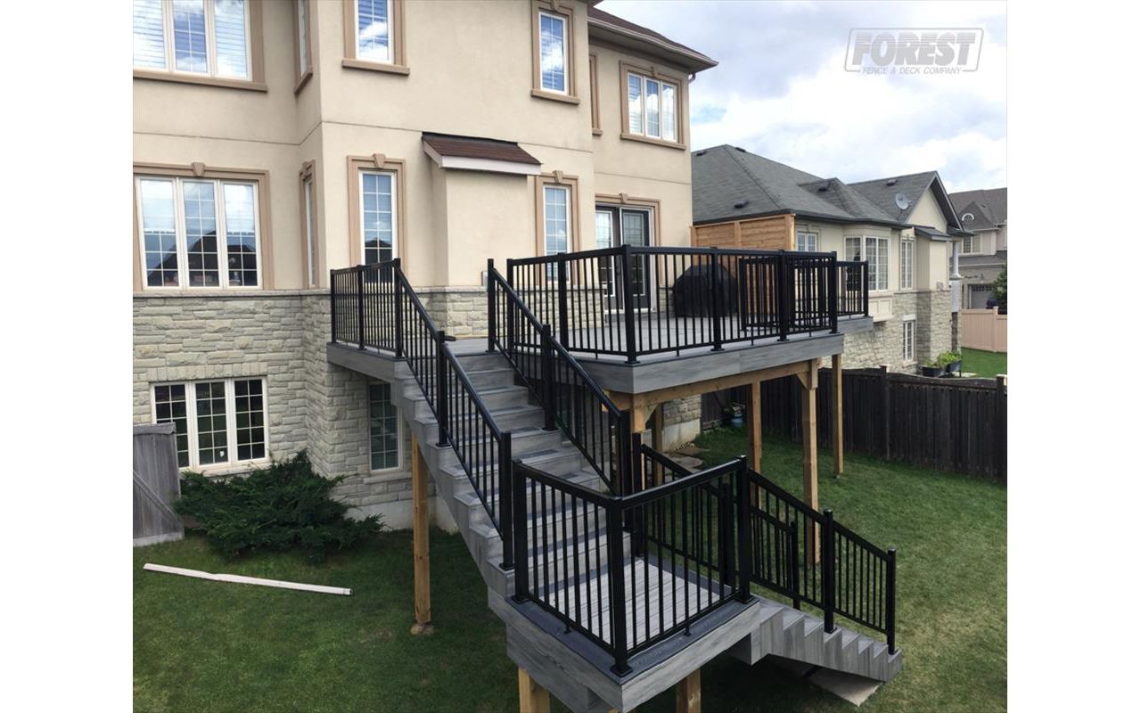 Two tier TREX Deck and stairs, with Island Mist colour. Built in:  Aurora, King City, Oak Ridges, Richmond Hill, Newmarket, Toronto, Mississauga, Mount Albert, Vaughan, Bradford, Stouffville