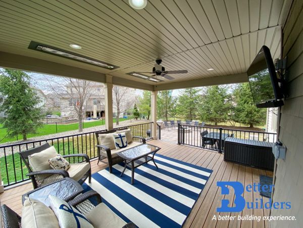 Trex Transcend decking and Signature railing with Rain Escape - Better Builders of Iowa - Covered Deck and Patio project in West Des Moines, IA