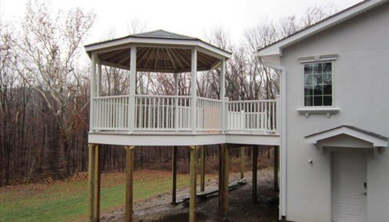 Gravel path/ White rail Gazebo