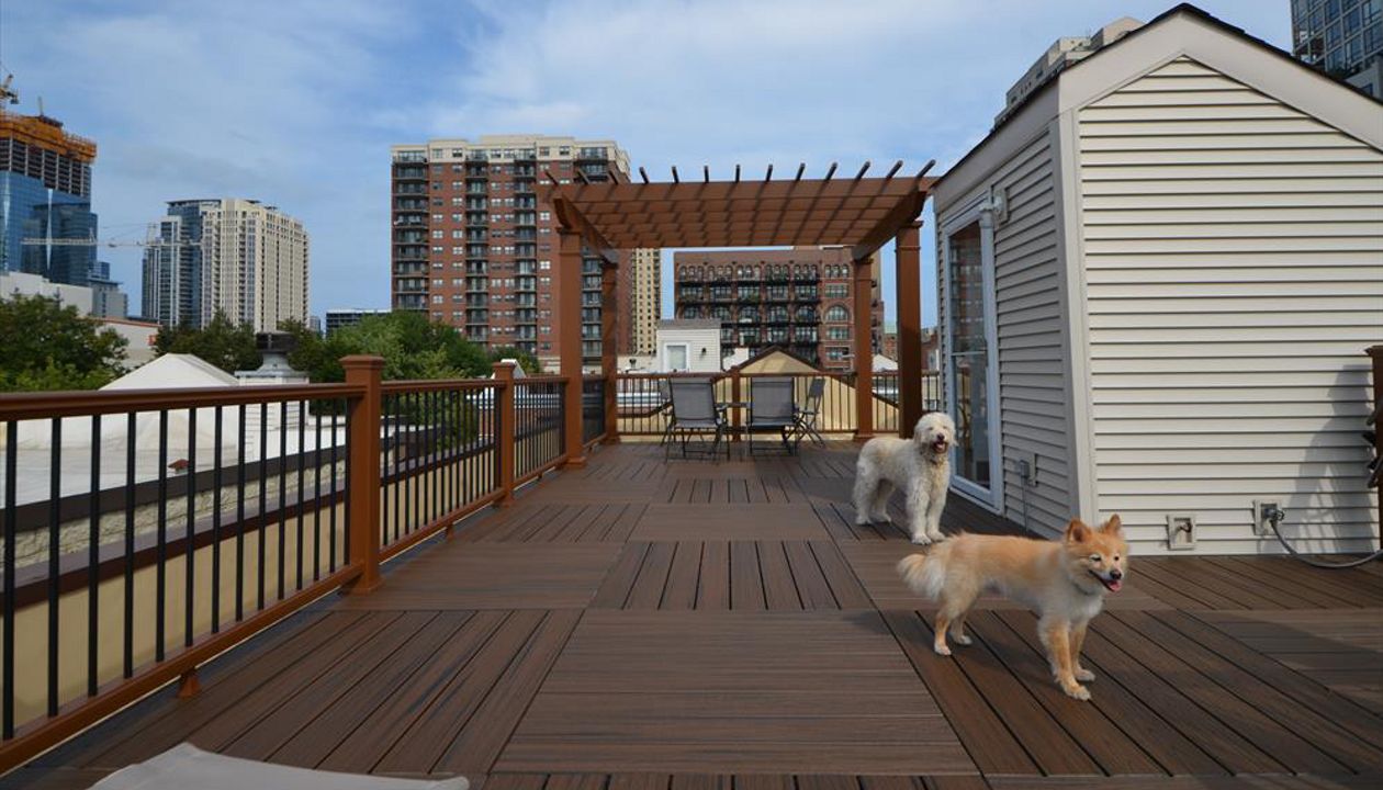 Trex Transcend Spiced Rum Decking with Tree House Railings, Black Aluminum Balusters,and a Pergola - Chicago, IL
