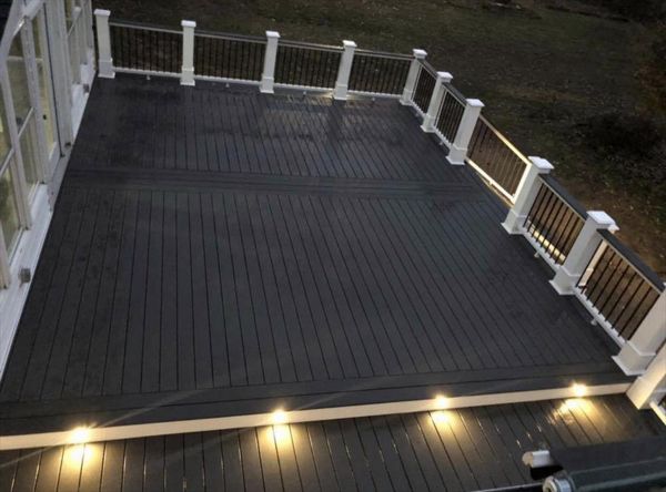 Drone shot of one finished out in Trex clamshell decking.