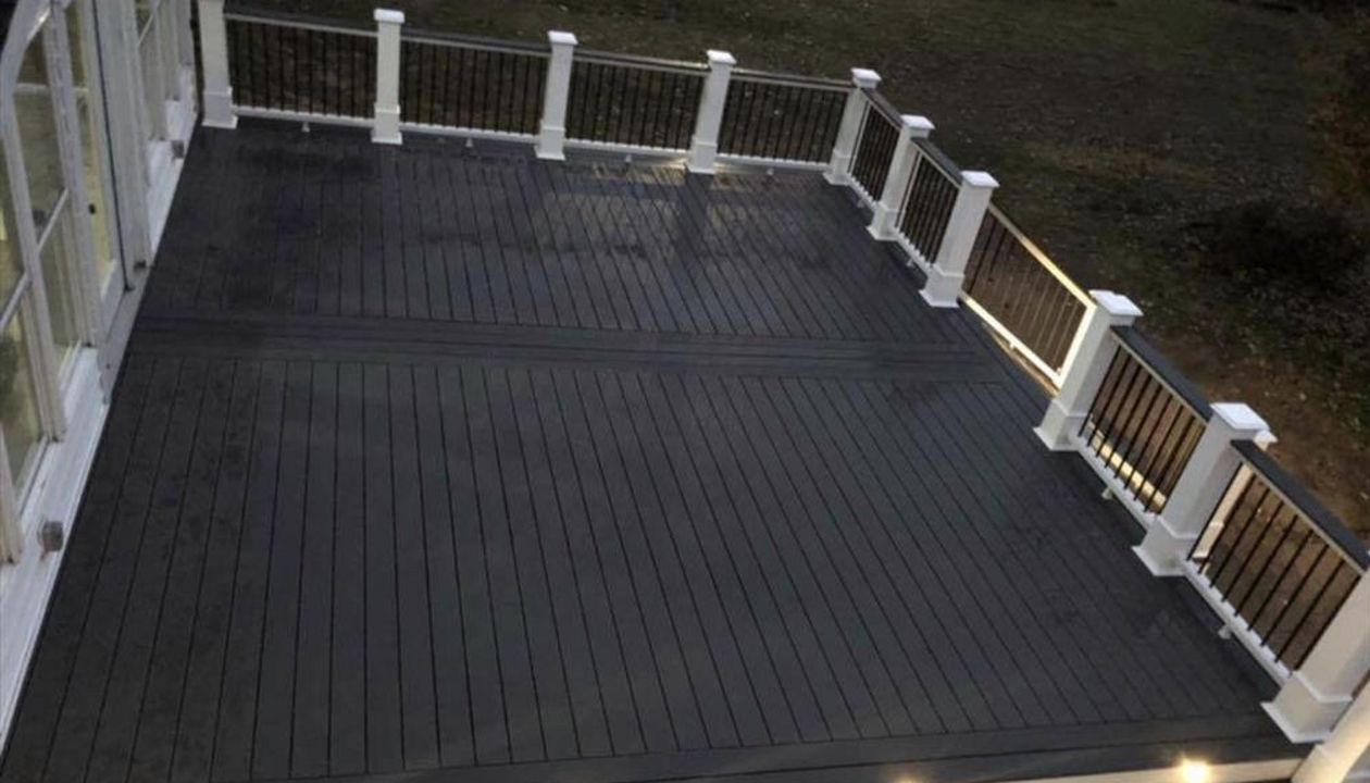 Drone shot of one finished out in Trex clamshell decking.