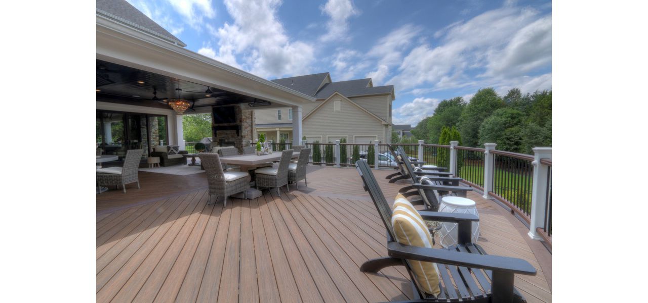 Trex Transcends Curved Deck, Open Porch, Fireplace, Rain Escapes