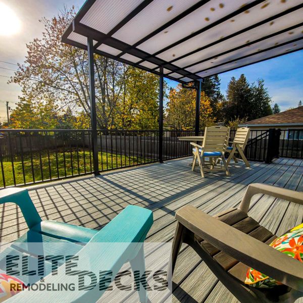 Trex Signature Railing and Gate. Trex Foggy Warf. American Patio Covers PWT Engineered Frame