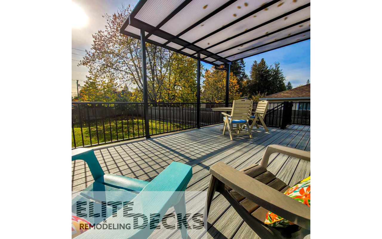 Trex Signature Railing and Gate. Trex Foggy Warf. American Patio Covers PWT Engineered Frame