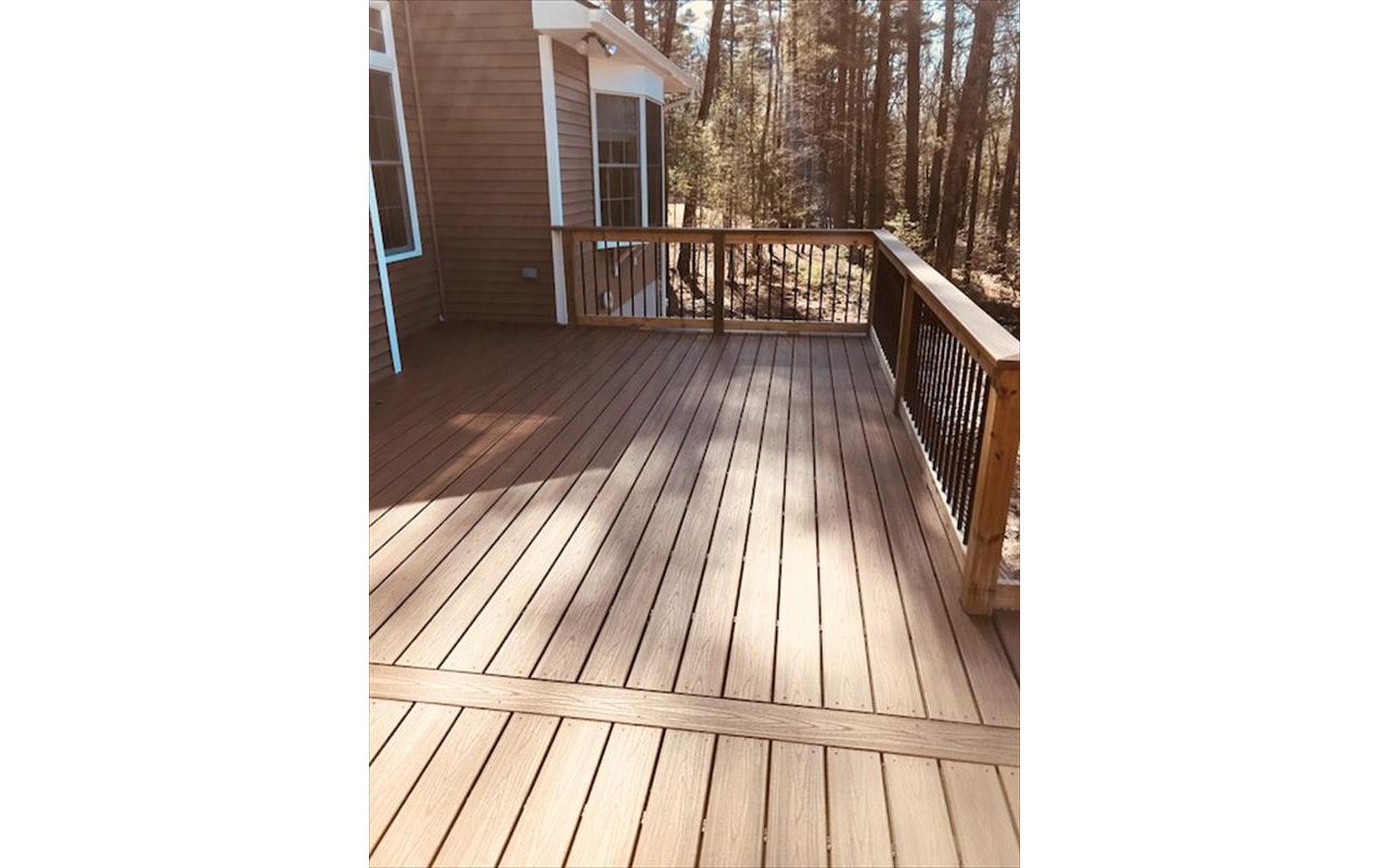 Trex Transcend Havana Gold Decking, Cocktail Railing, PT Posts With Black Aluminum Balusters