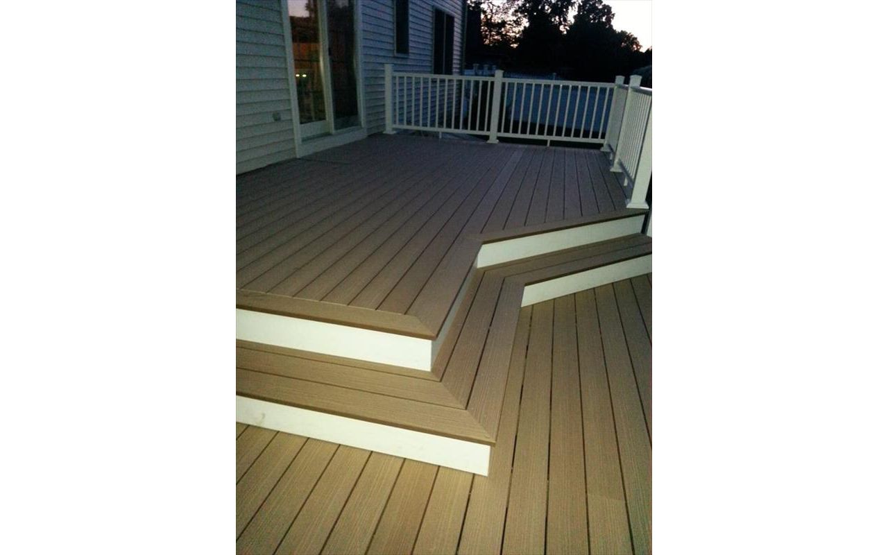 Custom Angles and step pads with Low Maintenance Decking used on this Outdoor Living Space in Madison CT