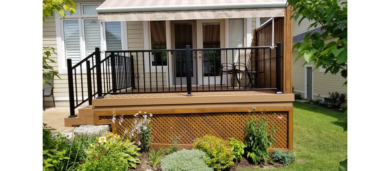 Brown composite decking using Enhance Beachdune resurface with aluminum railing - Orangeville, Caledon, Alliston, Bolton