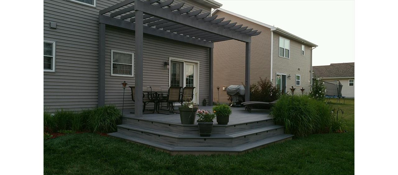 Trex Island Mist decking and pergola.  Saginaw, MI area deck builders.