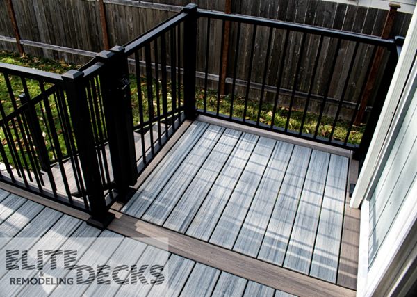 Trex Signature Railing and Gate. Trex Foggy Warf. American Patio Covers PWT Engineered Frame