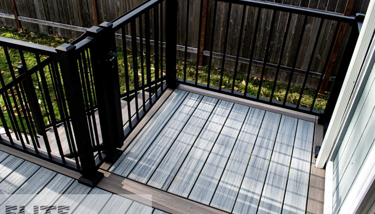 Trex Signature Railing and Gate. Trex Foggy Warf. American Patio Covers PWT Engineered Frame