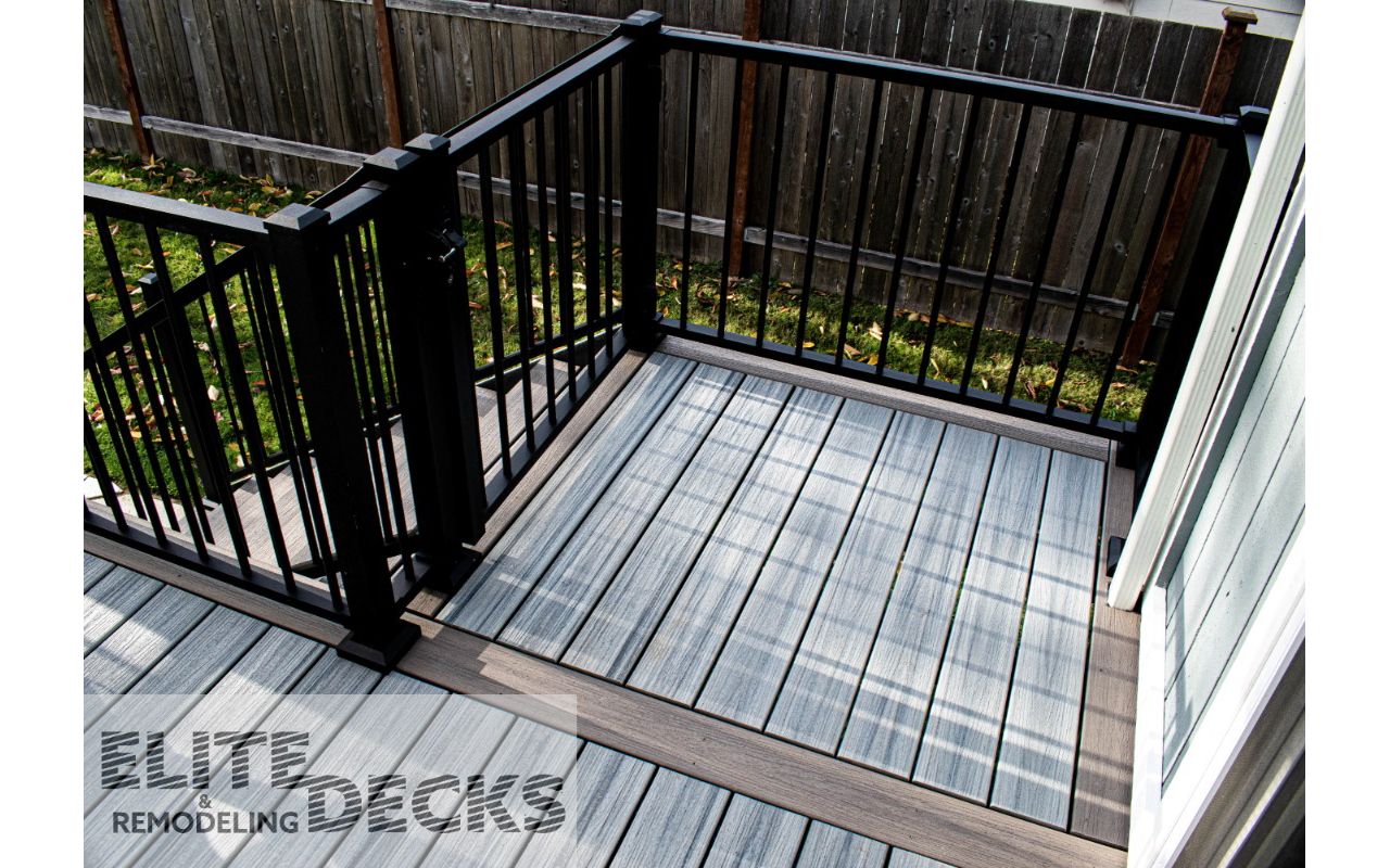Trex Signature Railing and Gate. Trex Foggy Warf. American Patio Covers PWT Engineered Frame