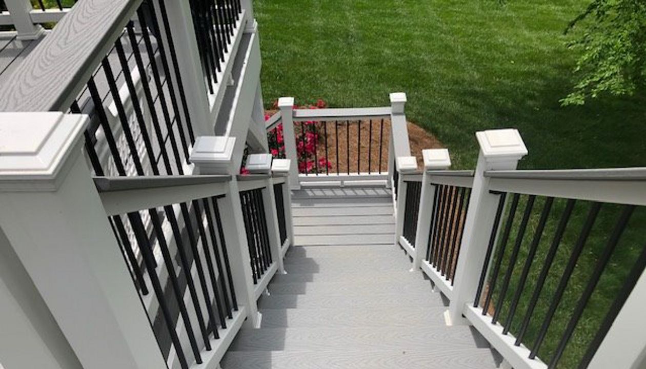 Trex Select decking & Trex Select railing are safe & slip resistant products for this great looking set of stairs