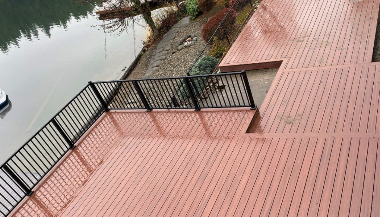 Lake House, WA. Trex Transcend Tiki Torch, Trex Signature