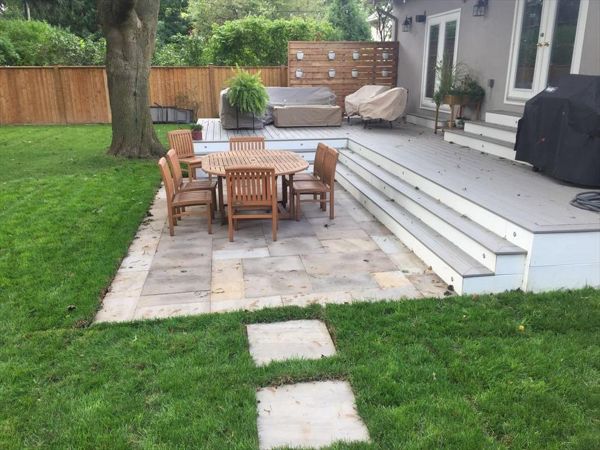 Trex Transcend GRAVEL PATH stone landscape  custom made COMPOSITE deck with Trex railing and skirting. The deck built in Toronto, Mississauga, Scarborough, Etobicoke, North York, Markham, Richmond Hill, Thornhill, Vaughan