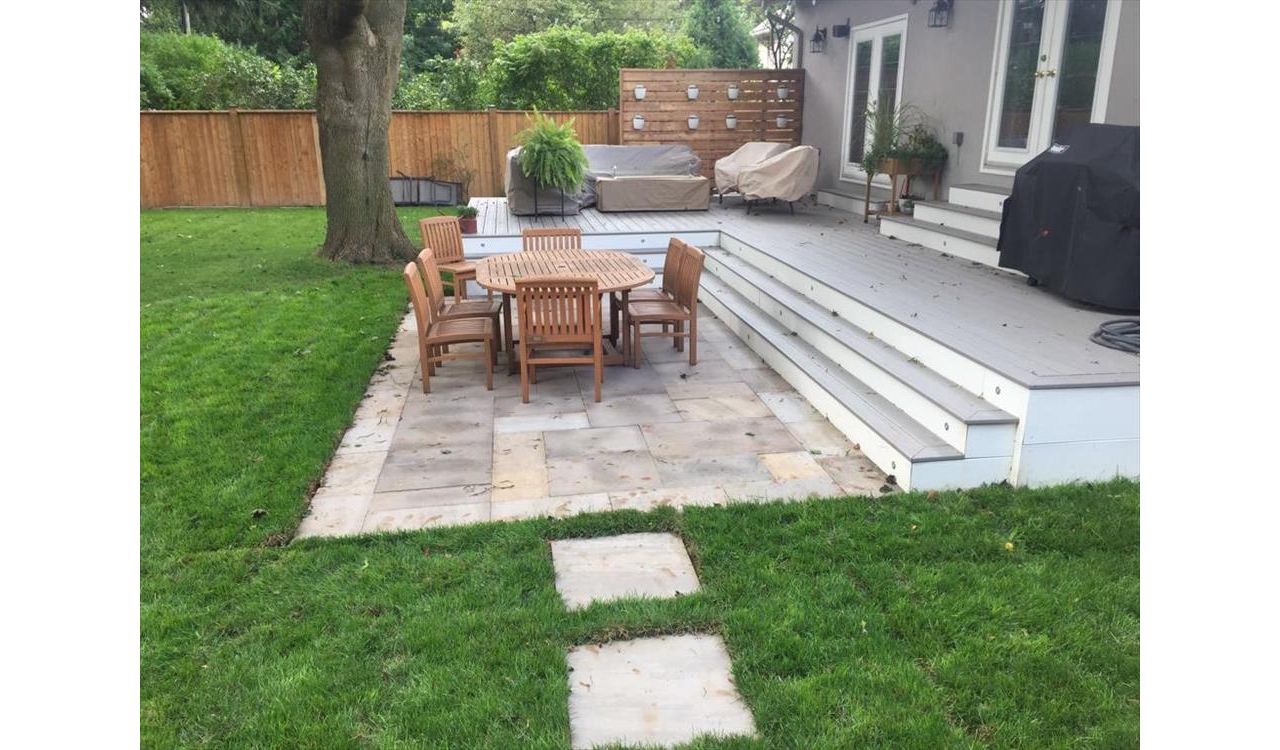 Trex Transcend GRAVEL PATH stone landscape  custom made COMPOSITE deck with Trex railing and skirting. The deck built in Toronto, Mississauga, Scarborough, Etobicoke, North York, Markham, Richmond Hill, Thornhill, Vaughan