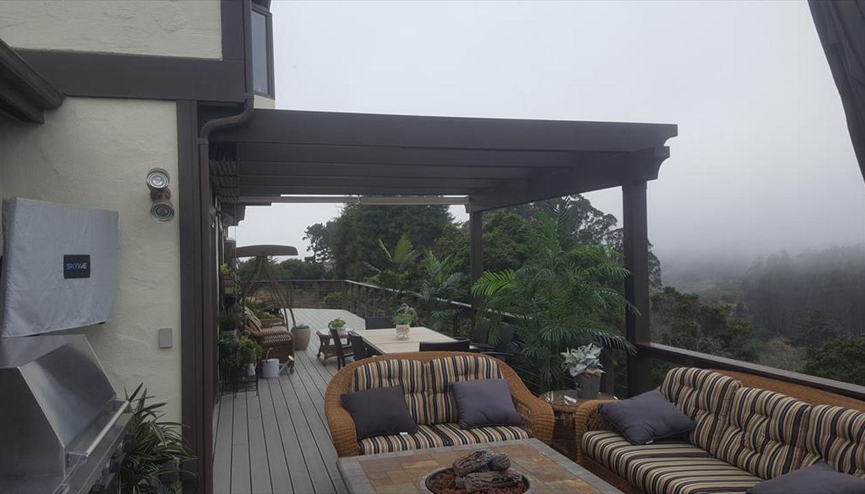 Aptos deck Gravel Path decking, Vintage Lantern Railing with stainless steel cables.