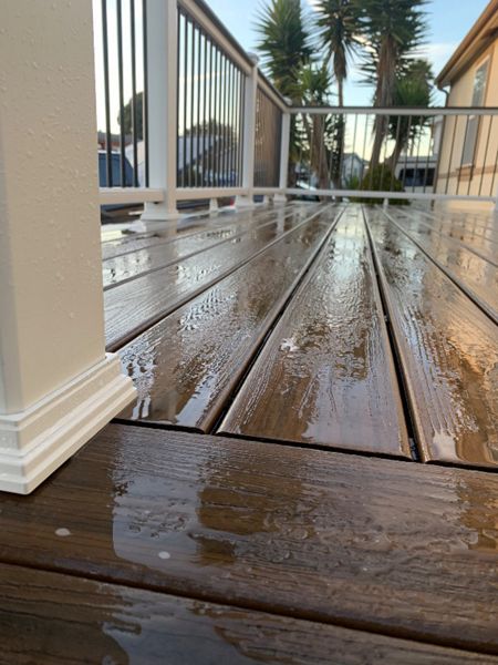 closeup of decking and railing post