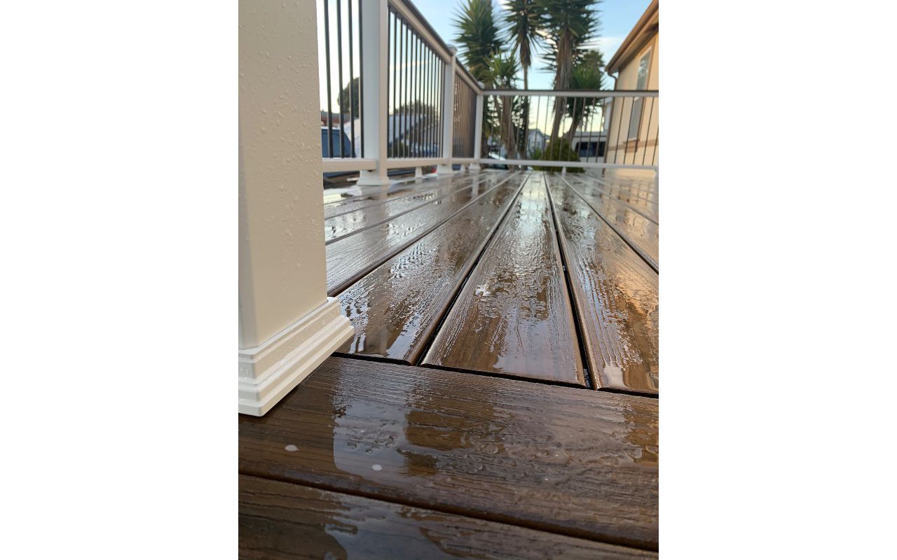 closeup of decking and railing post