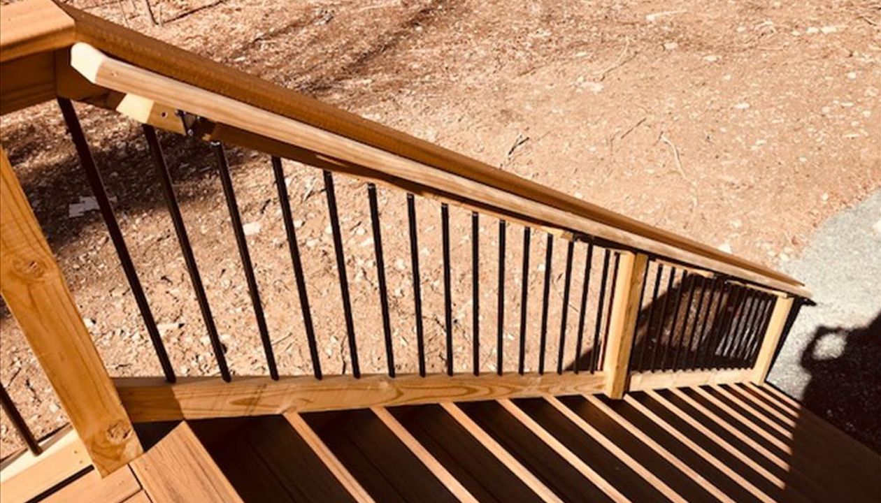 Trex Transcend Havana Gold Stair Treads, Cocktail Railing, Aluminum Balusters, PT Posts