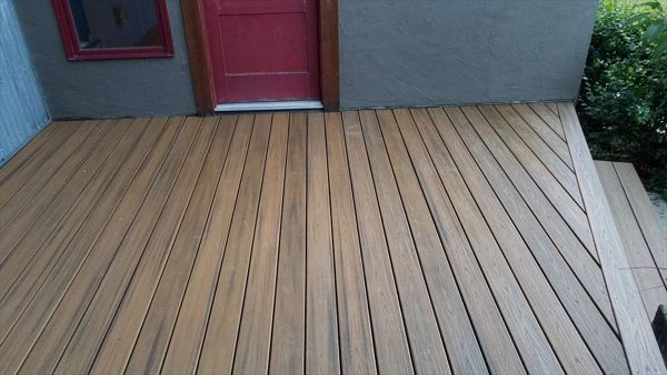 Trex Transcend Havana Gold Deck, Big Sky, MT. Front deck to main entry. Transcend Havannah Gold. (approx. 16' x 12') with 20 degree angle toward front step.