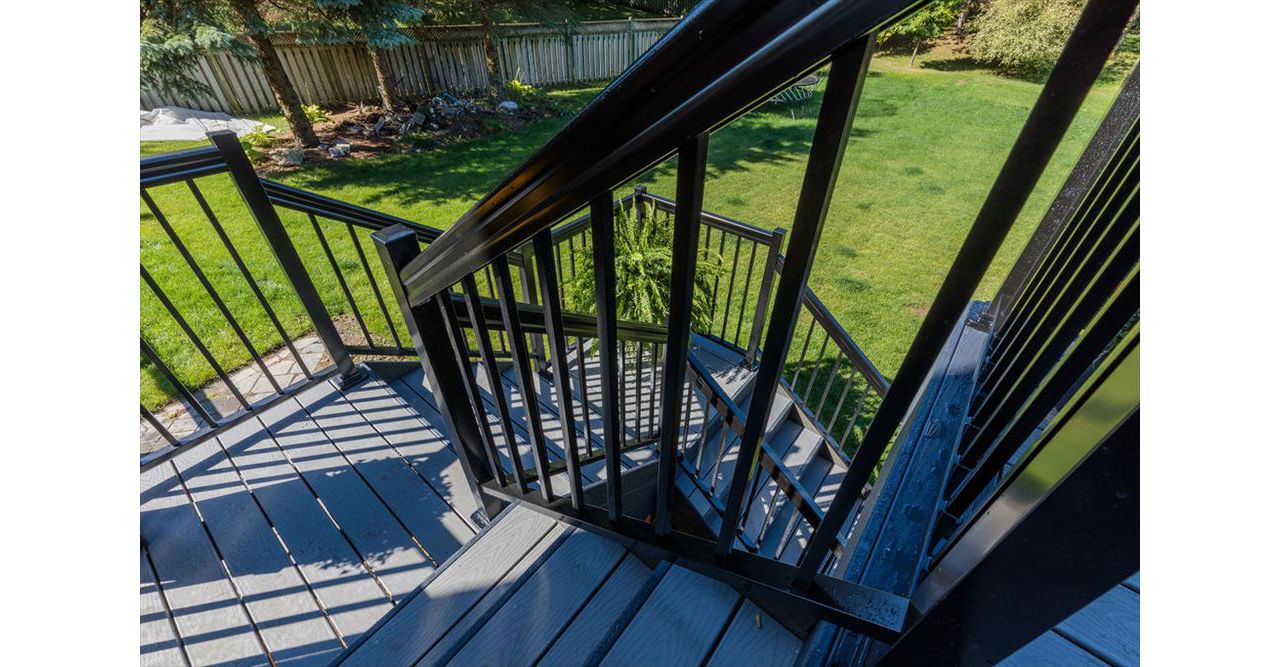 Grey Composite Decking using Select Pebble Grey with Winchester Grey trim - Orangeville, Caledon, Alliston, Bolton