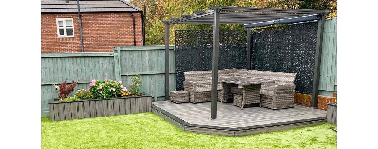 Trex Transcend Island Mist deck with Enhance Calm Water picture frame... with matching Composite planters
