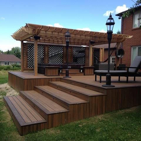 Deck made with TREX sadle and woodland brown.Built in:  Aurora, King City, Oak Ridges, Richmond Hill, Newmarket, Toronto, Mississauga, Mount Albert, Vaughan, Bradford, Stouffville