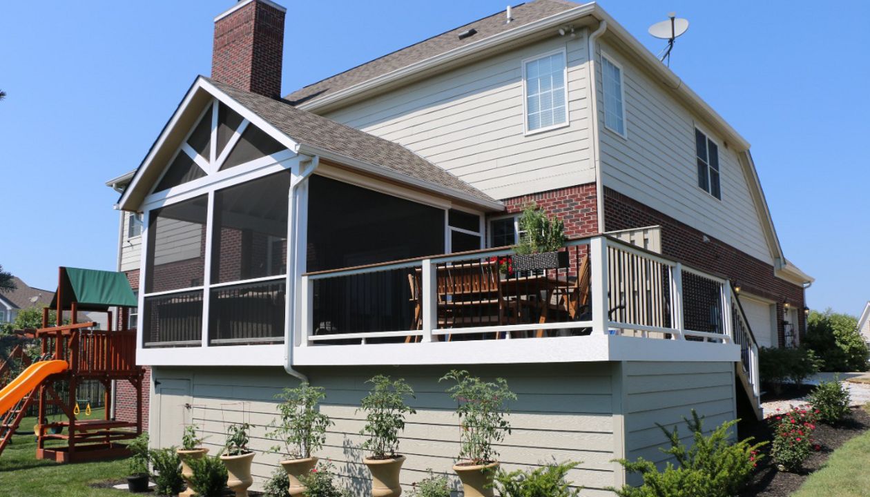 Trex Deck with Under Deck Storage Room, Siding Deck Skirting, Trex Transcend Composite Cocktail Rail.