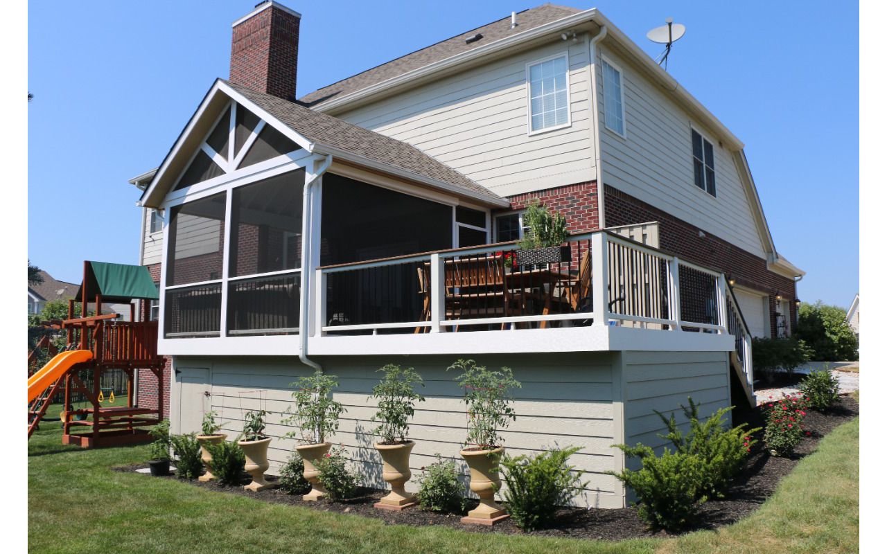 Trex Deck with Under Deck Storage Room, Siding Deck Skirting, Trex Transcend Composite Cocktail Rail.