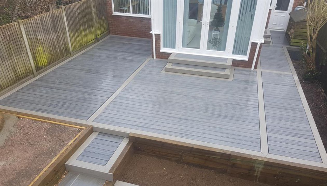 Trex Transcend Island Mist mian area. Trex Transcend gravel path outer field. Project in Kingsdown