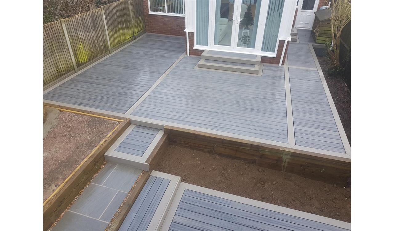 Trex Transcend Island Mist mian area. Trex Transcend gravel path outer field. Project in Kingsdown