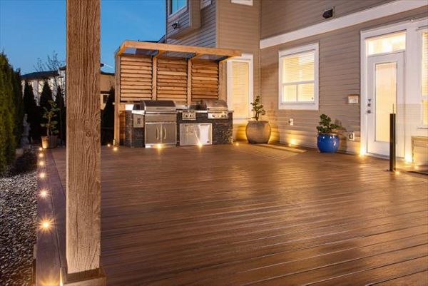 Trex Transcend Spiced Rum Decking with  LED Trex Lighting and BBQ area - Surrey BC