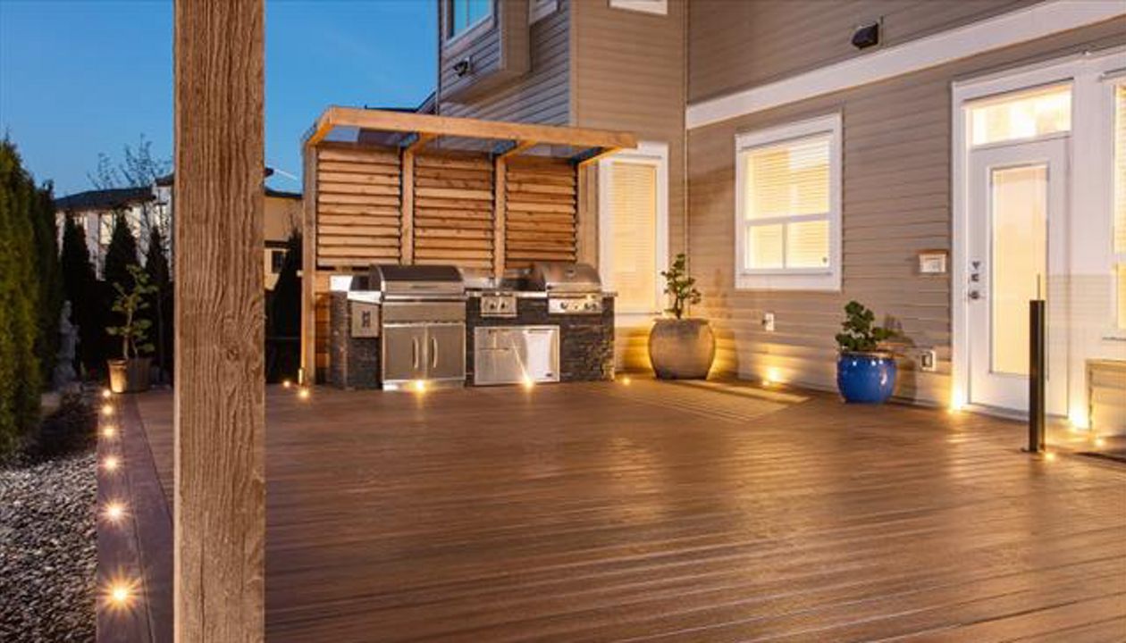 Trex Transcend Spiced Rum Decking with  LED Trex Lighting and BBQ area - Surrey BC