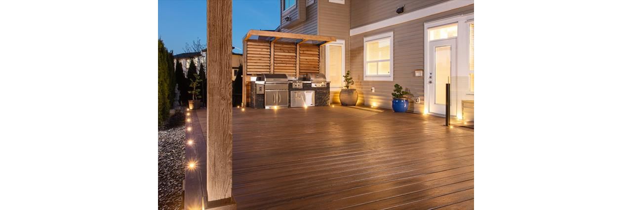 Trex Transcend Spiced Rum Decking with  LED Trex Lighting and BBQ area - Surrey BC