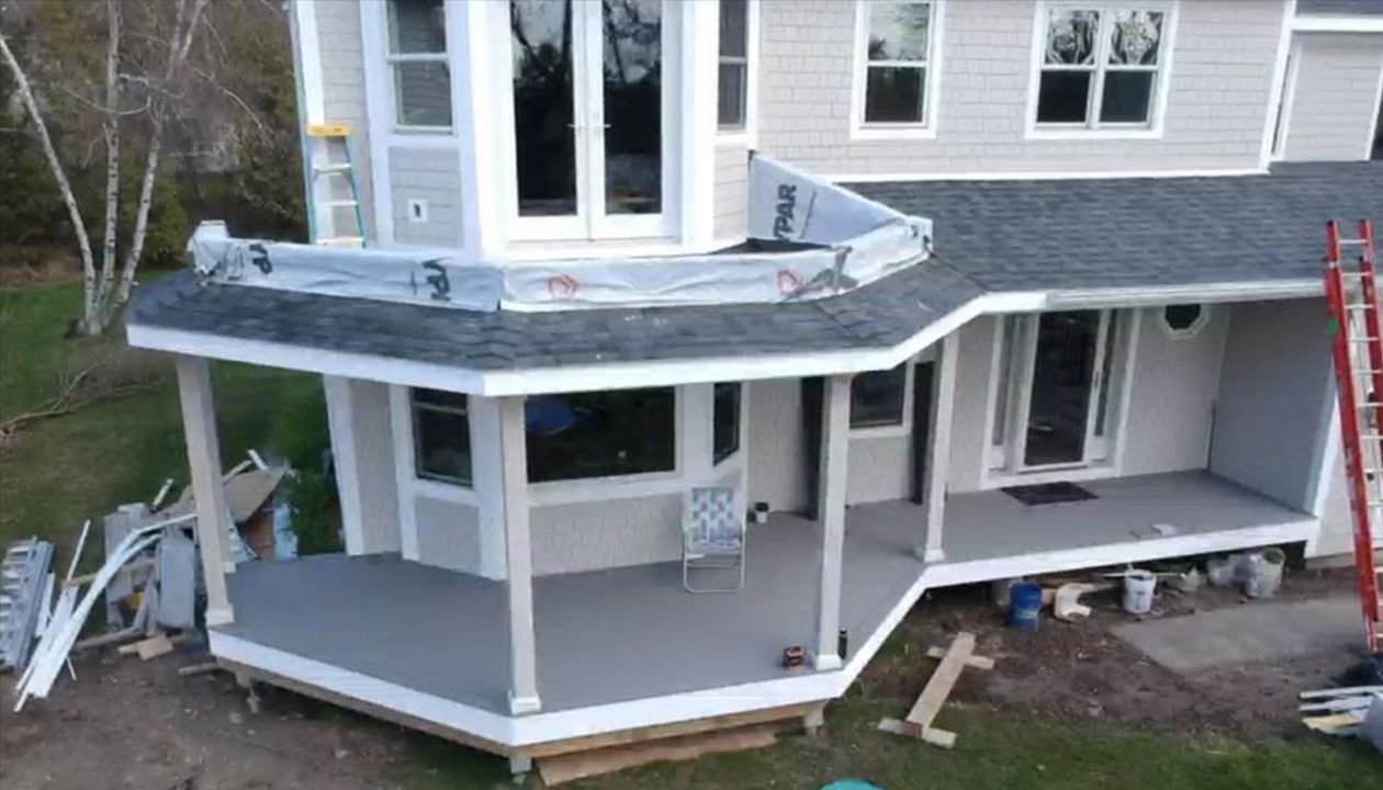 Custom Front Wrap Porch with Trex (Aerial View)