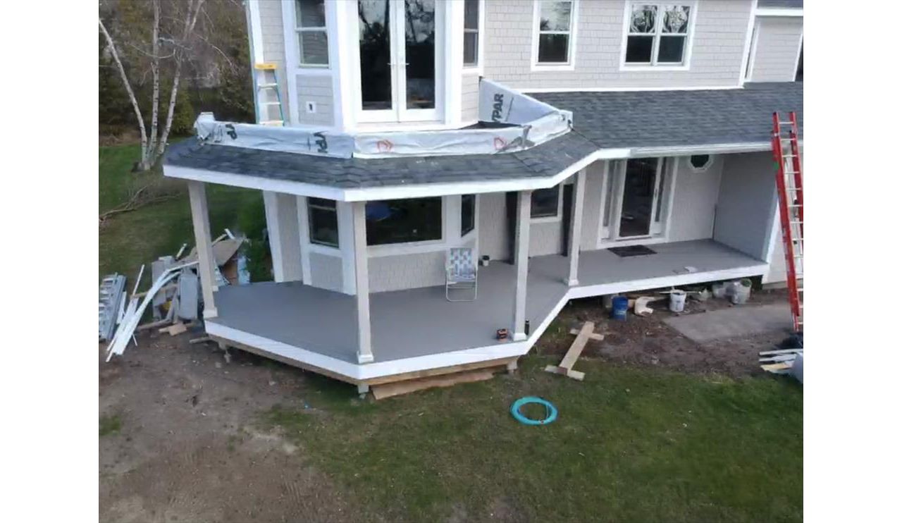 Custom Front Wrap Porch with Trex (Aerial View)