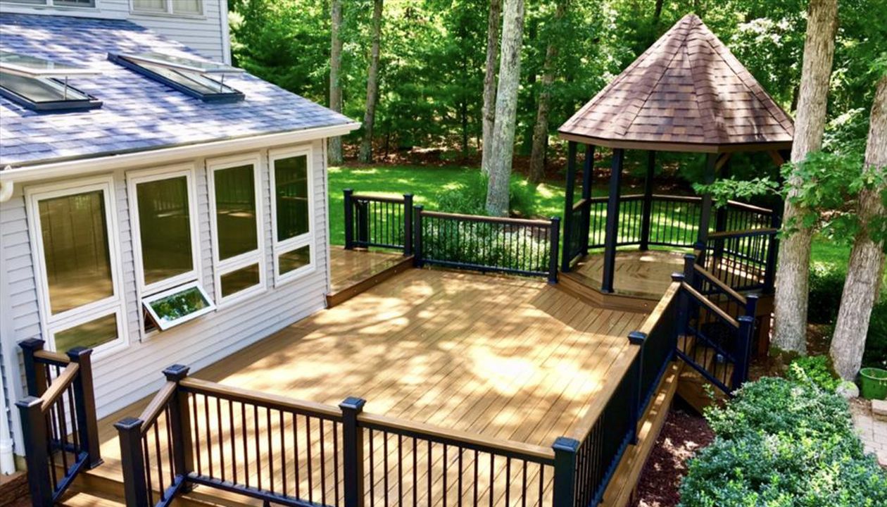 Multicolor Trex Transcend deck with a built-in gazebo in Milmay New Jersey