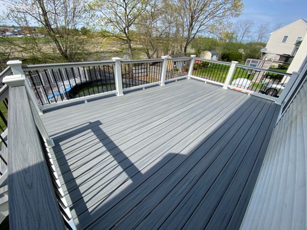 Great Second Story 12x20 Deck Space, Trex Transcend Island Mist Decking with Trex Select Railings and Cocktail Rails, in Peabody, MA