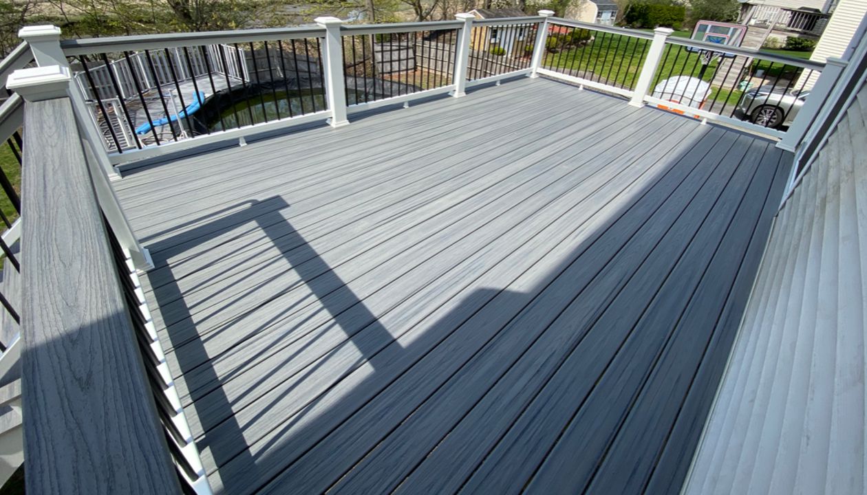 Great Second Story 12x20 Deck Space, Trex Transcend Island Mist Decking with Trex Select Railings and Cocktail Rails, in Peabody, MA