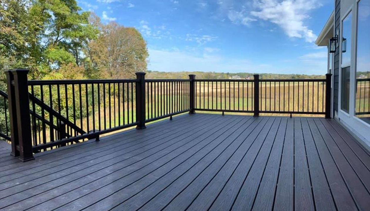 This deck consists of Trex transcend railing all vintage lantern. It has Trex transcend decking and fascia in spiced rum.
