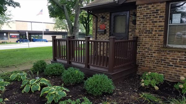 Trex in Vintage Lantern with Transcend decking and railing.  Includes hidden fasteners and Protective tape on joist.  Wauconda IL