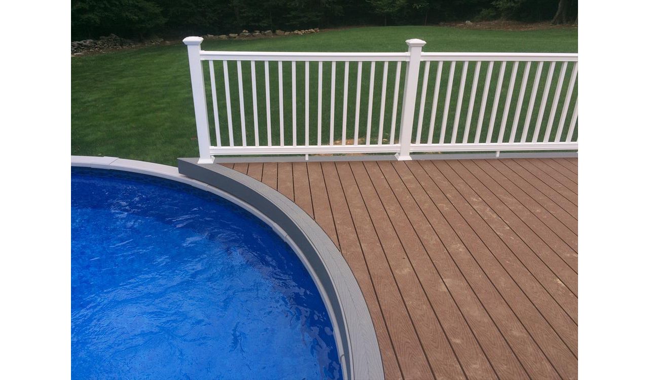 select saddle decking with pebble grey border, fascia and risers. vinyl rail