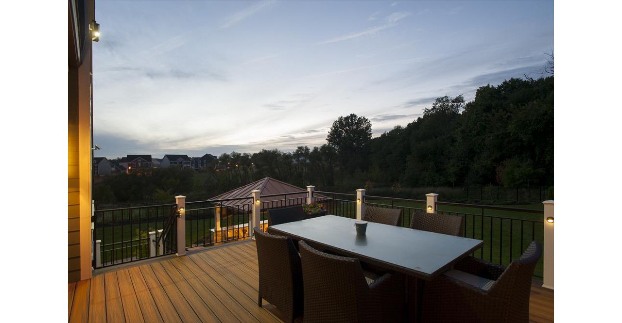 Trex deck boards with Trex deck lights at dusk