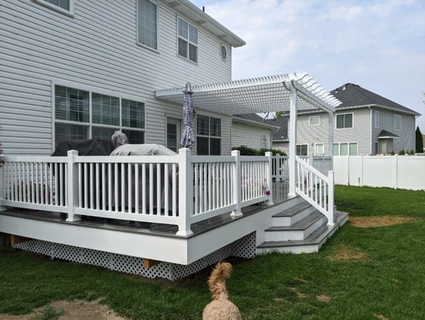 Island Mist Decking, White Trex Trim, Cascading Stairs, Pergola Cover