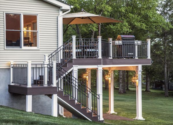 Trex Lava Rock decking and fascia pull double duty on this stunning split-level staircase in Bridgewater, N.J., providing a solid, unified look to this outside entertainment area.