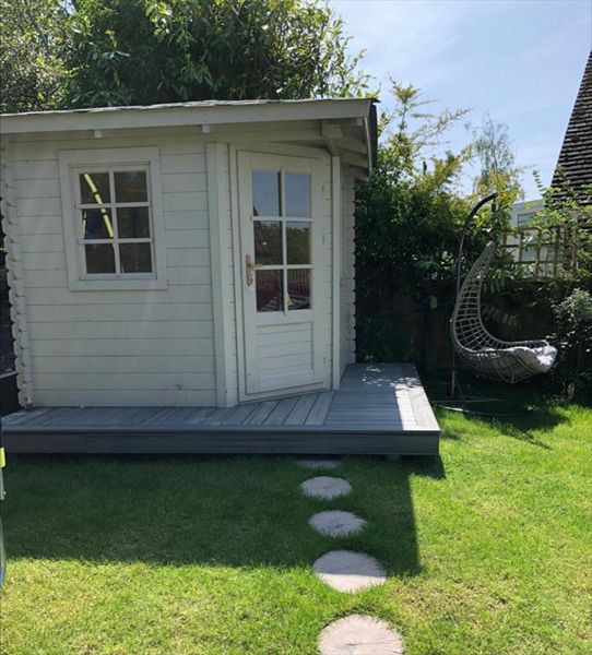 Trex Transcend Island Mist. A wrap around style deck on an external office.